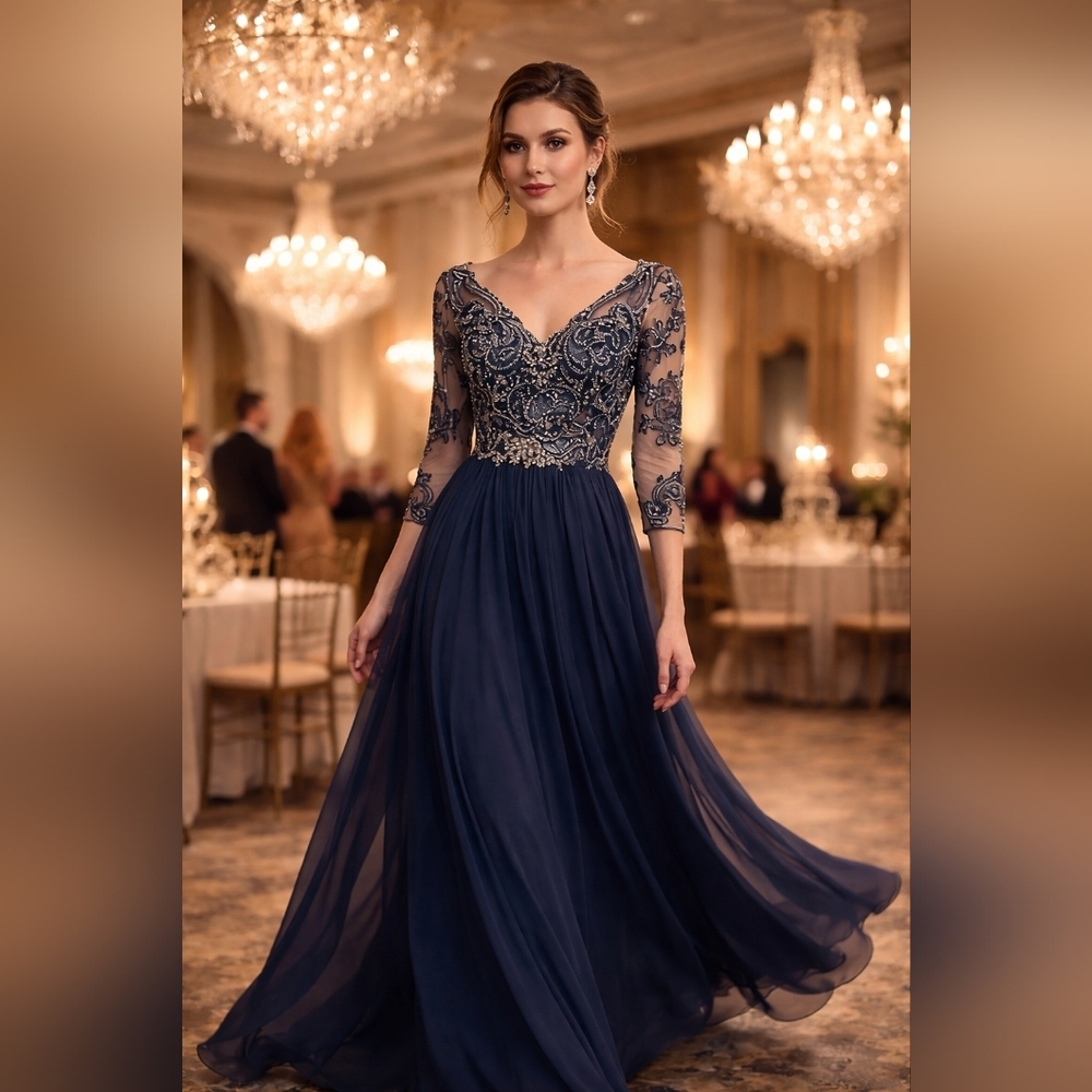 JJ’s House Dark Navy Chiffon Lace Beaded Gown – Size 10 - Picture 9 of 16